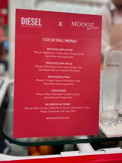 The custom cocktail menu for the Diesel x Moooze event. I work closely with brands to create a cohesive experience, and this vibrant menu was a perfect fit for Diesel's bold style.