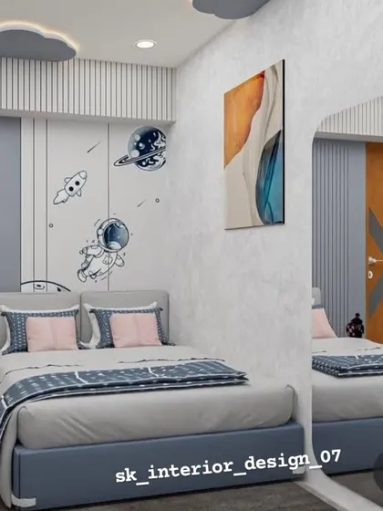 A space-themed kids' bedroom with fun astronaut and planet decals on the wall. The design is playful yet modern, creating a room that sparks imagination.