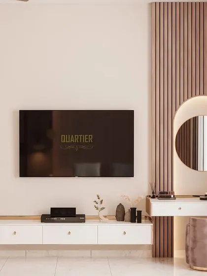 The TV unit and dressing area of the Scandinavian master bedroom. The design uses arches and fluted textures to create a cohesive and elegant look.