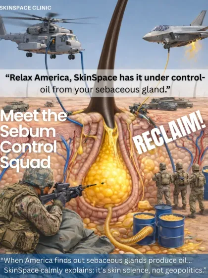 We take a fun, educational approach to explaining skin science. This "Sebum Control Squad" concept illustrates how we use a strategic, multi-pronged approach to manage oil production, which is a key factor in acne.