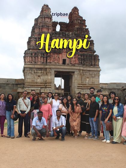 A group photo in front of the Vittala Temple complex in Hampi, home to the famous Stone Chariot and musical pillars.