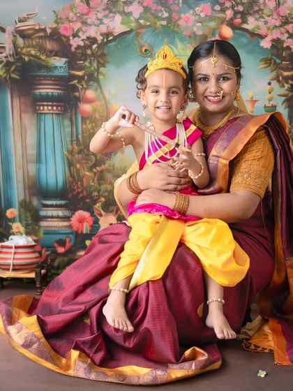 Little Krishna holds his flute, ready to charm the world. I pay close attention to details like props and posing to ensure every image is authentic to the beloved theme.