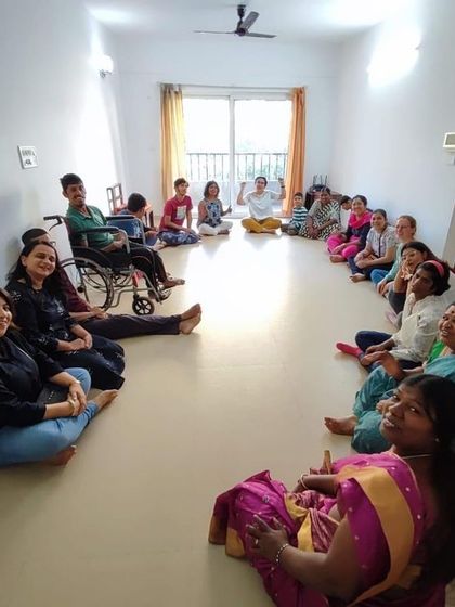 A group photo from our session with the Snehadhara Foundation. It was a beautiful day where children from different campuses came together for a day of puppetry and creative activities.