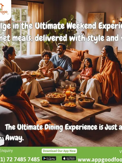 Indulge in the ultimate weekend experience. This image of a family enjoying a meal on the couch shows how we deliver gourmet meals with style and flavor.