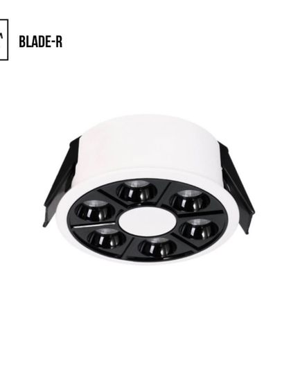 Another configuration of the modular Blade R fixture. This version features six recessed light sources arranged in a circle, providing a wide spread of comfortable, low-glare downlight.