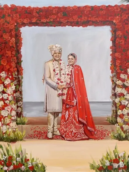 I love traveling for events, and this live wedding painting in Goa was a dream. I captured the couple against a vibrant floral mandap with the serene beach in the background, creating a perfect destination wedding portrait.