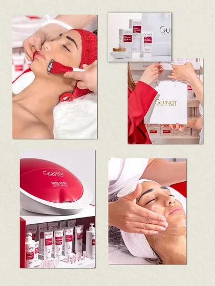 A closer look at the elements of our premium Guinot facials. This collage showcases the high-performance products, specialized equipment like the Hydradermie machine, and the expert hands-on techniques we use to deliver a scientifically-backed, luxurious skincare experience.