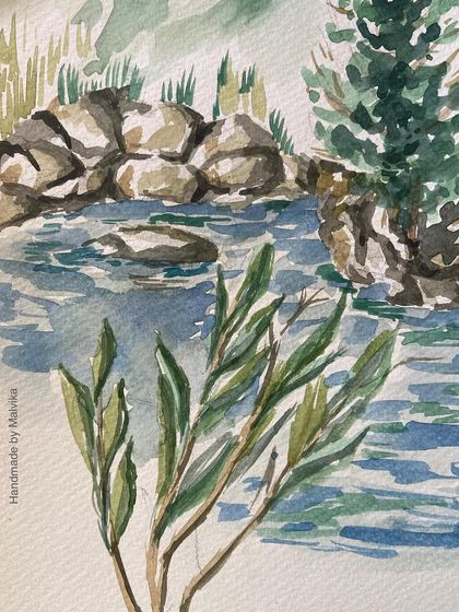 A detailed view of the river from my Tirthan Valley painting. This crop focuses on the leaves in the foreground and the gentle ripples of the water, showcasing the layering technique in watercolor.