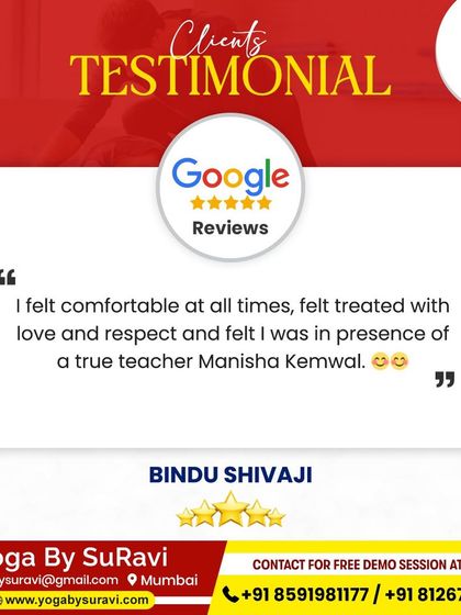 Bindu's review emphasizes the comfort, love, and respect she felt during her sessions, recognizing our instructor as a true teacher.