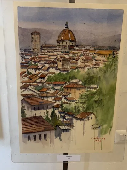 A clear shot of my Florence cityscape on display in Italy. This was a half-imperial size work done on Baohong cold press paper.