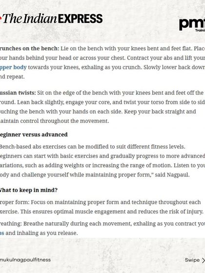 The Indian Express covered my breakdown of Shilpa Shetty's "abs of steel" workout. This carousel shares my insights on her bench-based core exercises and how to perform them correctly.