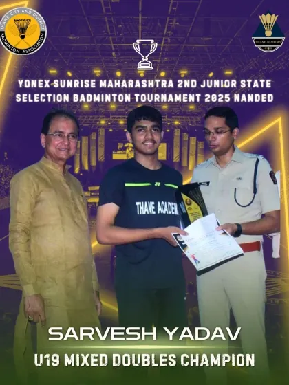 Sarvesh Yadaav receiving his U19 Mixed Doubles Champion trophy at the Maharashtra 2nd Junior State Selection tournament in Nanded.
