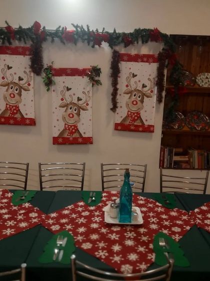 Another angle of our long table, ready for a Christmas feast and celebration.