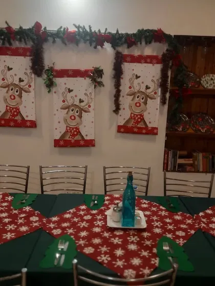 Another angle of our long table, ready for a Christmas feast and celebration.