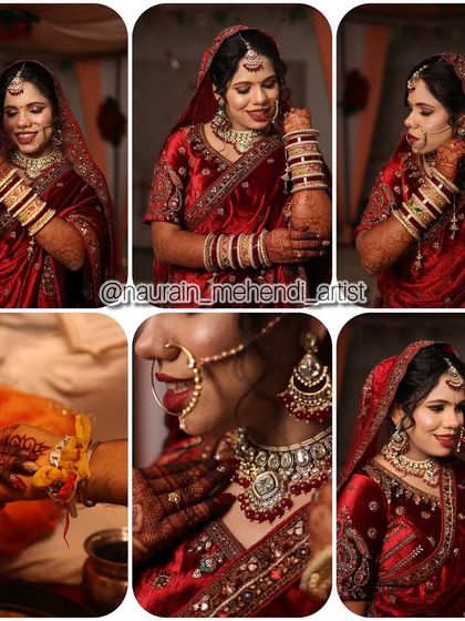 A collage of a bride on her wedding day, with her rich mehendi stain adding to her overall bridal glow. This is the final, beautiful result we work towards.