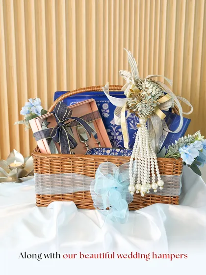 A wedding hamper is a story in a basket. This one, curated with handpicked textiles and keepsakes, shows how we layer textures, colours, and emotions to create a gift that feels like a modern heirloom, a memory to be treasured long after the wedding.