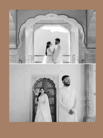 A black and white collage that highlights the timeless feel of a palace photoshoot. This artistic choice focuses on emotion, form, and the stunning architectural details.