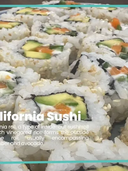 A close-up of my California Sushi rolls, showing the fresh avocado and cucumber filling. They are a great example of how I create delicious vegetarian versions of popular international dishes.