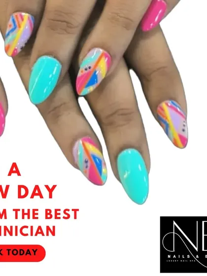 A vibrant, abstract design perfect for a vacation. This look combines bright pink and turquoise with multi-colored geometric patterns for a fun and artistic feel.