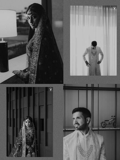A moody black and white collage of bridal and groom portraits. The dramatic lighting and architectural elements create a series of powerful, cinematic images.