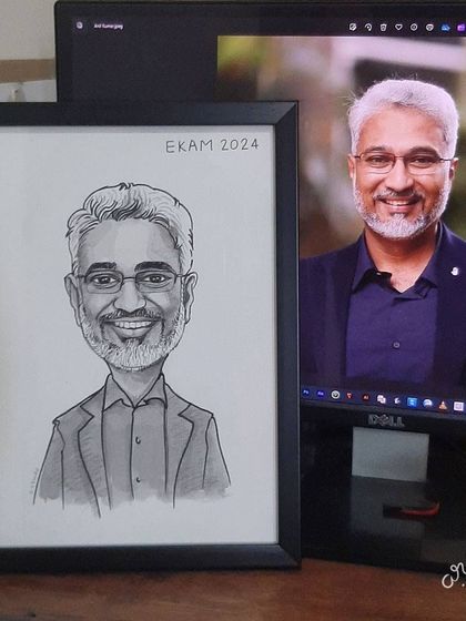 We ensure a strong likeness in our black and white caricatures, as seen here next to the source photo.