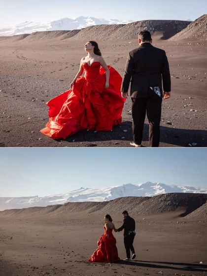 A collage showing the scale and romance of this red gown look. The way the fabric catches the light and wind is something I always consider when styling for an outdoor photoshoot.