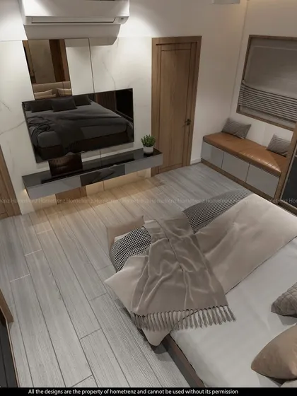 An overhead view of the master bedroom, showing the well-planned layout that includes a window seat, TV unit, and large wardrobe.