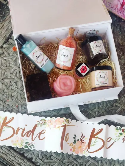 The perfect gift for a bridal shower. This 'Bride To Be' hamper is designed for pre-wedding pampering with a mix of my favorite products like peppermint body wash, coffee scrub, and rose goat milk soap.