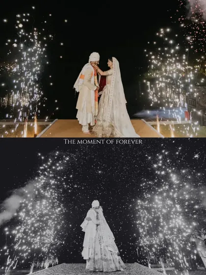 "The Moment of Forever." This collage contrasts a color photo of the varmala with a dramatic black and white shot, both framed by fireworks. It showcases our creative approach to documenting the most pivotal wedding moments.