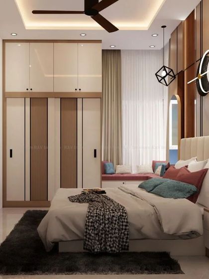 A bedroom render with a modern, industrial feel, featuring a dark wood-paneled wall and cube-shaped pendant lights.