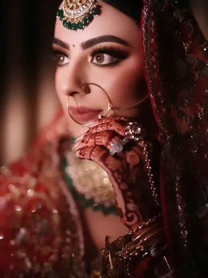 The details make the look. Here you can see the precision of the winged eyeliner, the soft blending on the eyelid, and how the nath (nose ring) is perfectly complemented by the makeup.