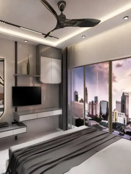 A modern, masculine bedroom design with a stunning city view. The room features a unique Jordan-logo mirror and a sleek, floating TV console.