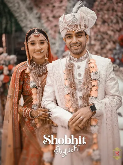 A bright and happy portrait of the bride and groom on their wedding day, personalized with their names.