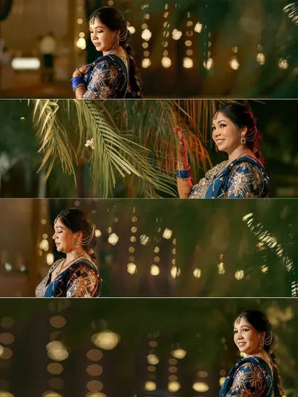 A multi-frame collage of the bride during her evening Mehendi function. The series of portraits captures her in different moods, from thoughtful to joyful, all beautifully lit.