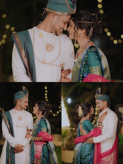 A collage of romantic couple portraits. These shots, taken at night with beautiful bokeh lighting, showcase the couple's chemistry and the festive atmosphere.