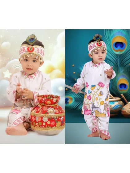 Our little Kanha. For Janmashtami, we love creating these divine outfits that are both traditional and comfortable for your little one. This custom dhoti-kurta set with a peacock feather mukut is perfect for celebrating the festival and creating memories you'll cherish forever.