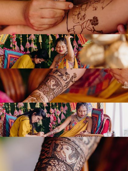 A collage showing the process of mehendi application, from the artist at work to the final intricate design.