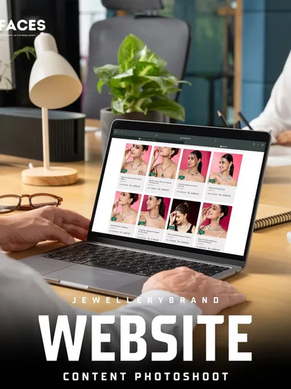 A laptop screen showing a jewellery brand's website with our model photos. We help brands create a strong online presence with high-quality, consistent visual content.