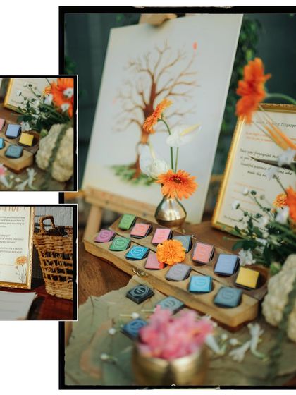 A collage showing the interactive fingerprint tree station at a housewarming, a creative way for guests to leave their blessings.