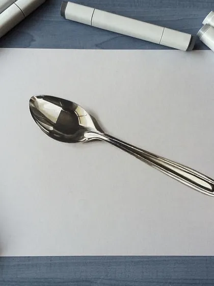 A hyper-realistic drawing of a spoon. Capturing the distorted reflections on its curved, metallic surface was a fun and rewarding challenge.