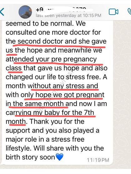 After a doctor gave them hope, my class helped this couple live stress-free. They got pregnant in the same month and are now carrying their baby for 7 months.