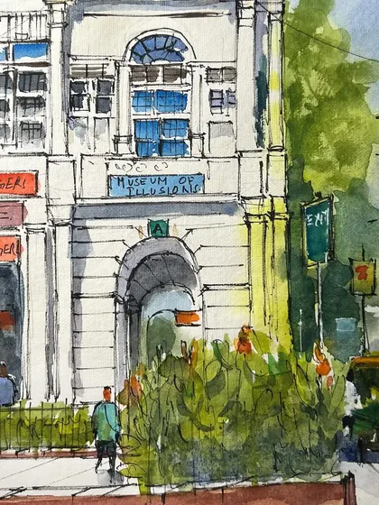 Another detail of the Wenger's sketch, focusing on the vibrant colors and quick, energetic lines that define urban sketching.