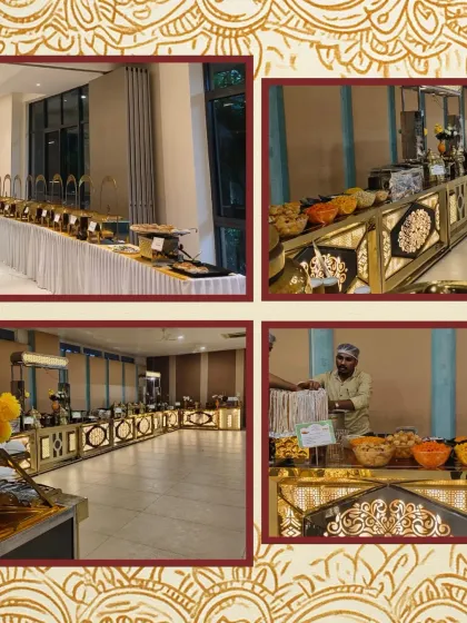 This collage features our premium, illuminated buffet counters and a live station for snacks, showcasing a luxurious setup for a special occasion.