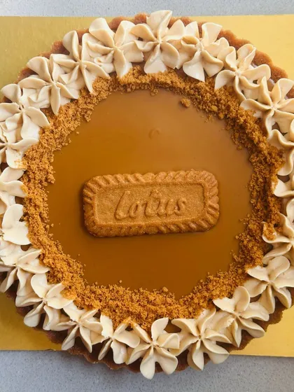 For the ultimate Biscoff lover, my Lotus Biscoff Cheesecake Tart. It features a creamy Biscoff filling, a Biscoff cookie topping, and a border of Biscoff-infused cream.