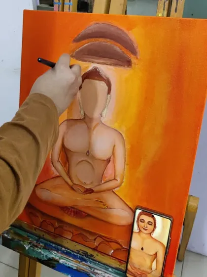 A series documenting a student's creation of a Jain spiritual painting, showing the careful application of color and detail.