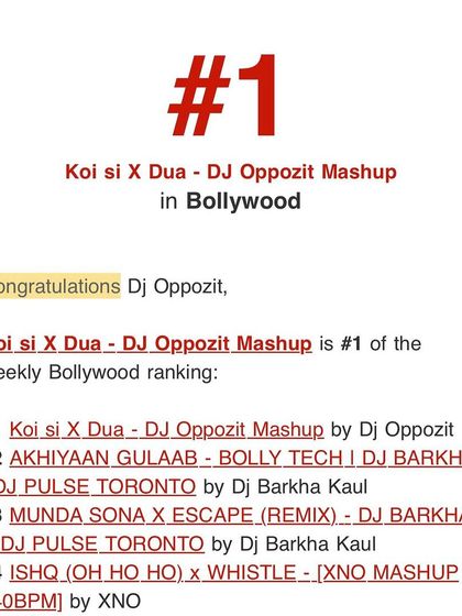 Number 1 Bollywood remix of the week. My 'Koi Si x Dua' mashup is topping the charts. Hit after hit, that's the goal.