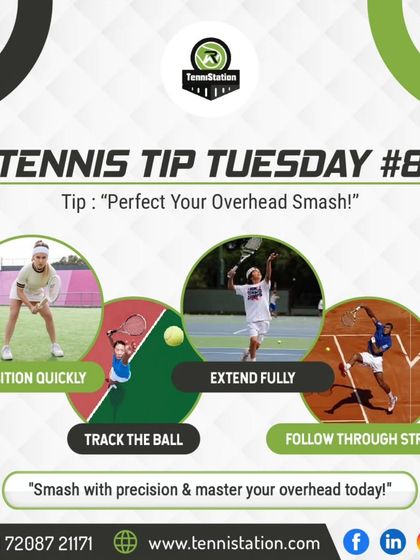 Tennis Tip Tuesday: Perfect your overhead smash. The key is to position yourself quickly, track the ball, extend fully at contact, and follow through strongly.