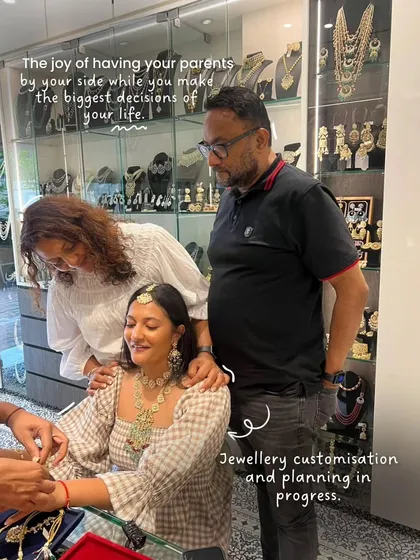 One of the most special parts of the process is jewelry shopping with the family. Here, we are customizing and planning the bride's jewelry, a cherished moment with her parents by her side.