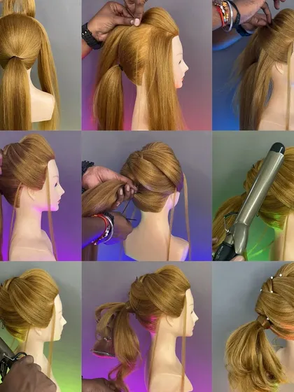 An image tutorial showing the steps to create a stylish ponytail with a bouffant and curls.