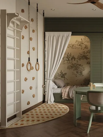 This whimsical kids' room concept features a cozy bed nook with a curtain for privacy and a custom toile wallpaper. The room is also a mini-gym, with a climbing wall, Swedish ladder, and gymnastic rings to encourage active play.